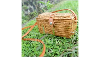 bali ethnic rattan grass handmade handbag leather handle